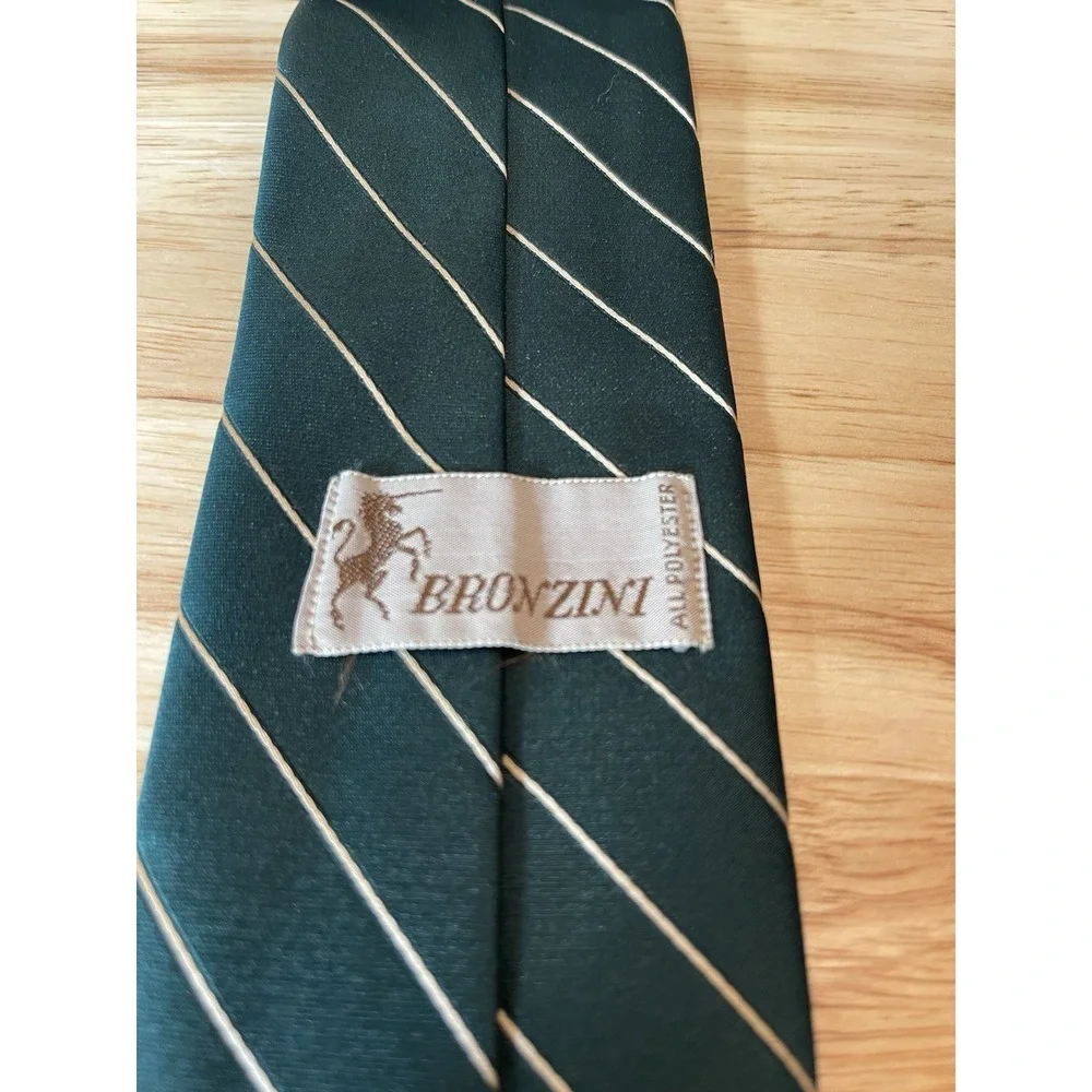 Vintage Bronzini Men's‎ Tie Green Yellow Stripe Polyester Classic Logo